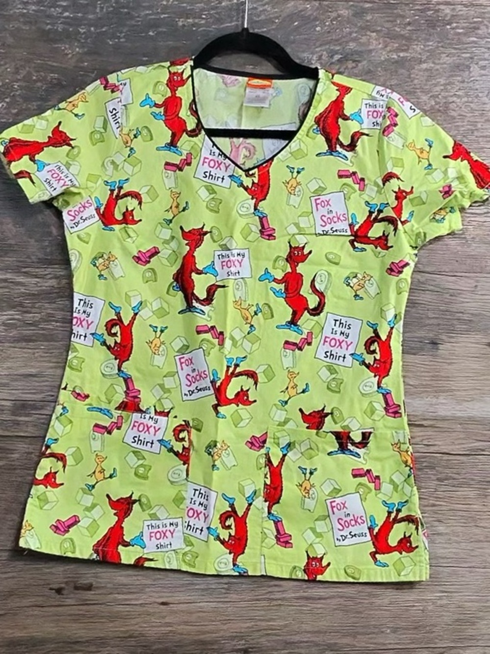 Dr. Seuss Scrub Top Lime Green Short Sleeve Tee with Red Fox Graphics